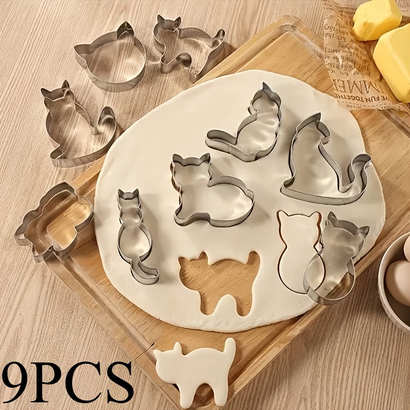 Baking Kitchen Set - ชุดพิมพ์คุกกี้ 9 ชิ้น ทำจากสแตนเลสเกรดอาหาร รูปแมวน่ารัก พร้อมอุปกรณ์อบขนมมูสทรงกลม